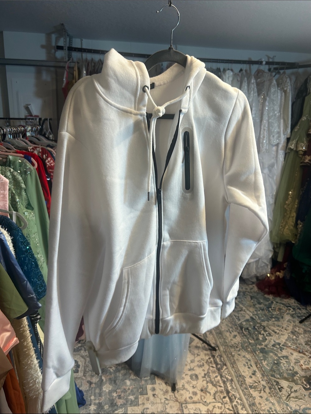 Women's White Full-Zip Hoodie Jacket - Casual Fleece Coat